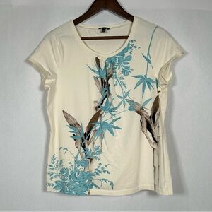 Talbots Blue Fitted Cap Sleeve Tee with Bamboo Floral Print